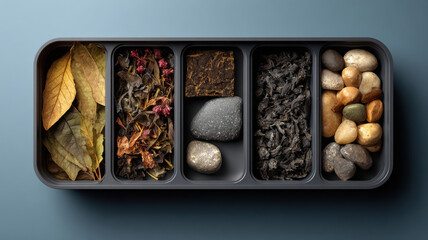 Assorted natural elements in compartments, with each compartment containing different textures and colors. A concept of organizing elements