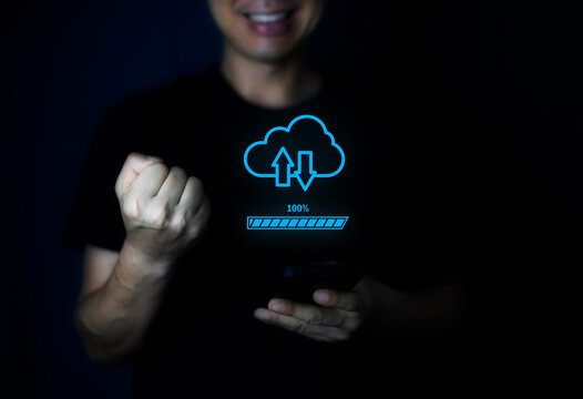 Fast speed internet connection speedtest bandwidth network technology, Man using Internet high speed by smartphone and laptop computer