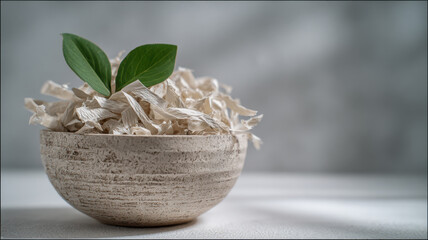 A serene composition of a ceramic bowl filled with dried materials, adorned with vibrant green leaves