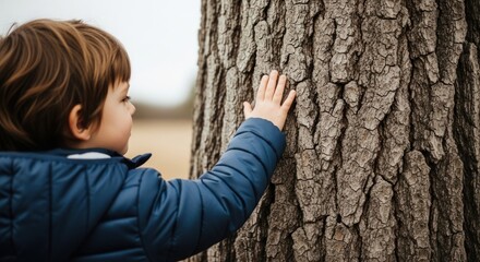 A young child wearing a blue jacket, touching a tree trunk in a natural outdoor setting.