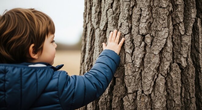 A young child wearing a blue jacket, touching a tree trunk in a natural outdoor setting.