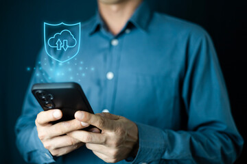 VPN Virtual Private network protocol concept, Man hand using Smartphone with vpn icon on VR screen. Cloud VPN Concept.