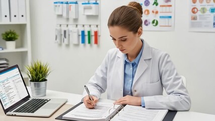 Professional Female Medical Practitioner Reviewing Patient Files in Modern Office Setting with Laptop
