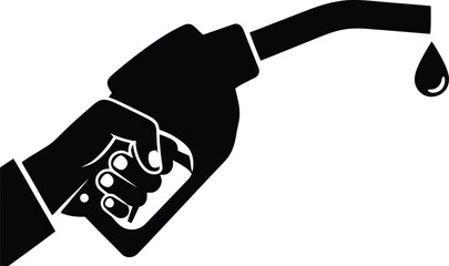 Hand holding black gas pump nozzle with dripping fuel