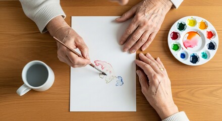 Hands Painting Watercolor on White Paper with Palette on Wooden Table, Top-Down View