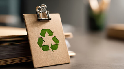 Close-up of a clipboard with a recycling symbol, representing environmental protection and sustainability