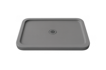 Grey shower tray with a central drain, rectangular plastic bathroom basin for modern home plumbing and hygiene system