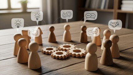 Wooden Figures Around Gears with Speech Bubbles on Table