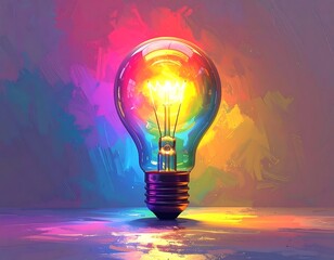 Vibrant lightbulb glowing with rainbow colors, on a colorful background