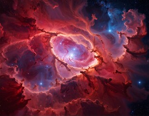 Vivid cosmic formation with swirling reds, blues, and bright stars