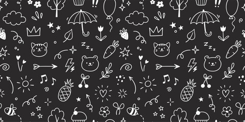Line cute kid icon pattern. Hand drawn cute children style animal face, flower, star on chalkboard background. Doodle sketch heart, star, cloud baby cartoon seamless pattern. Vector illustration