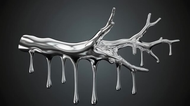 &ldquo;Tree branch made entirely of liquid silver, dripping slowly, glossy reflections, 