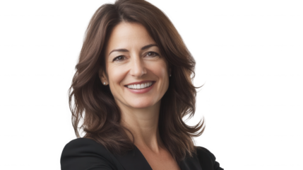 Portrait of a smiling woman with shoulder length brunette hair wearing a black blazer against black background on transparent background