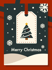 Merry Christmas greeting card design with gift tag and Christmas tree illustration.  for holiday greeting card, gift tag, christmas invitation, seasonal banner, poster and festive marketing design
