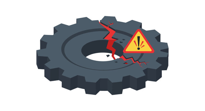 broken gear with crack and warning symbol industrial machine failure concept for maintenance risk system error alert illustration