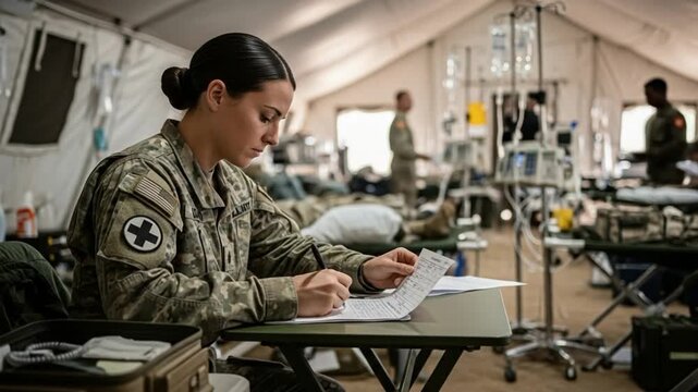Female Soldier Writing in Military Tent During Deployment