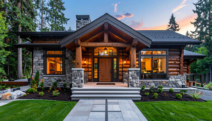 Obraz premium Illuminated Log Cabin Style House Entrance at Dusk with Landscaped Yard doorway wooden door