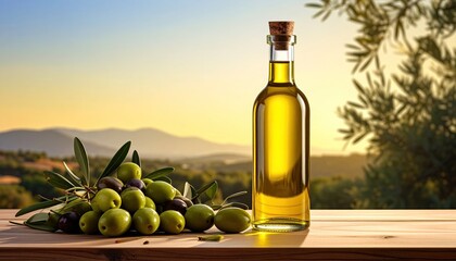 Bottle of golden liquid, olives, and scenic view