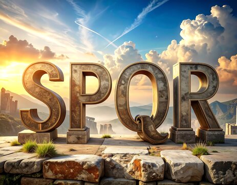 Large golden letter sculptures sit on a stone wall, scenic backdrop