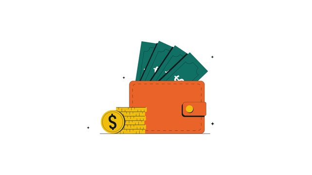 4k Wallet with Dollar Banknotes and Gold Coin. Personal Finance Concept Animation Video 