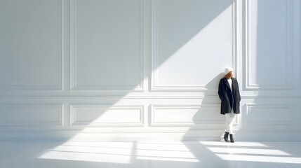 Woman in Black Coat Leaning Against White Wall in Sunlight.
