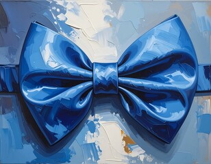 Large, blue, shiny bow on textured background