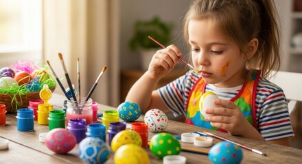 A young girl painting Easter eggs at a table with a basket of eggs and a jar of paint.