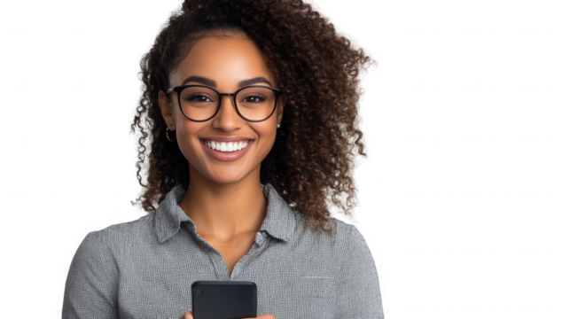 Portrait of a smiling woman with curly hair wearing glasses and holding a phone in her hand looking forward on transparent background - Powered by Adobe
