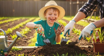 A child in a garden, wearing a hat and gloves, is playing with soil and a trowel.