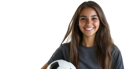 Portrait of a smiling young woman holding a soccer ball against a black background looking at the camera on transparent background
