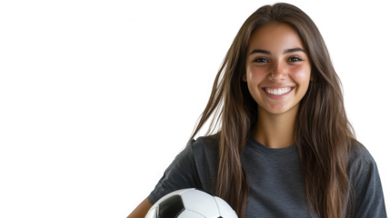 Portrait of a smiling young woman holding a soccer ball against a black background looking at the camera on transparent background