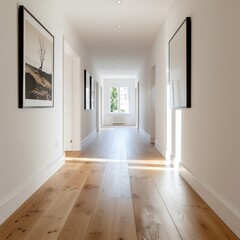 A wide empty room features a new wooden parquet floor and a bright window inside a modern apartment design with white walls and open space