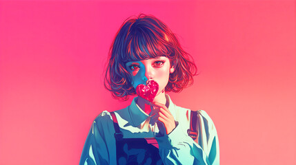 ハートのチョコレートを持つ若い女性