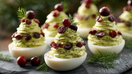 Obraz premium Festive deviled eggs, artfully arranged to resemble mini Christmas trees, garnished with cranberries and dill