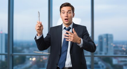 A man in a suit holding a pen in a modern office with a cityscape in the background.