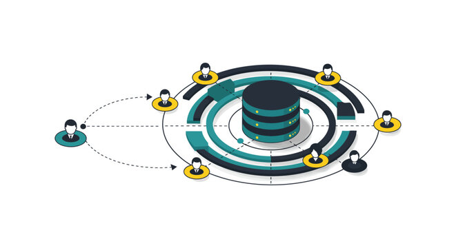 centralized data management platform connecting business users and database servers in a modern flat network diagram for it solutions
