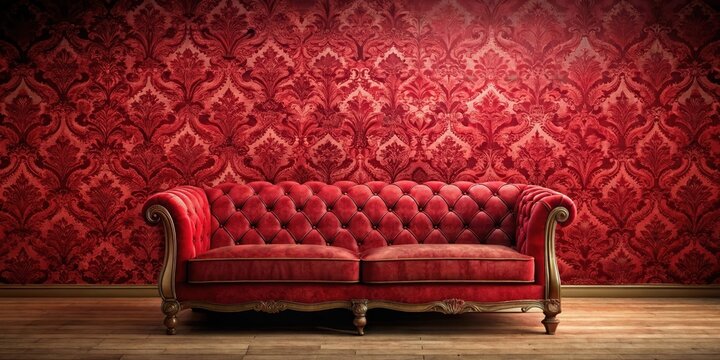 Luxurious red velvet sofa with intricate swirling patterns against a rich red wallpaper background