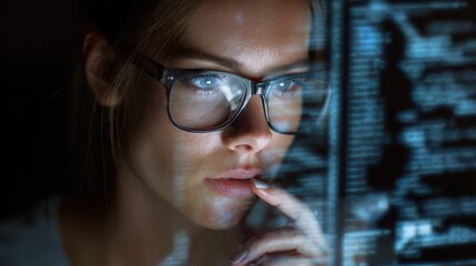 Software coding hologram and woman on tablet.