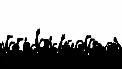 Silhouette of a crowd with hands raised holding phones.