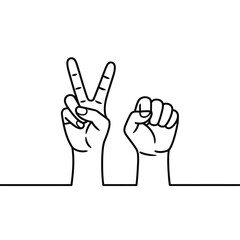 Simple line drawing of hands displaying peace and solidarity signs