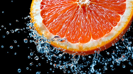 A vibrant juicy grapefruit half bursting with refreshing zest as cool water dynamically splashes on