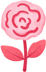 Pink rose with red stem and leaves illustration. Romantic clipart for valentine designs, love themes, greeting cards, posters, and anniversary decorations.