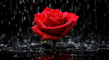 A vibrant red rose sparkling with raindrops conveying deep love and beauty on a dark reflective