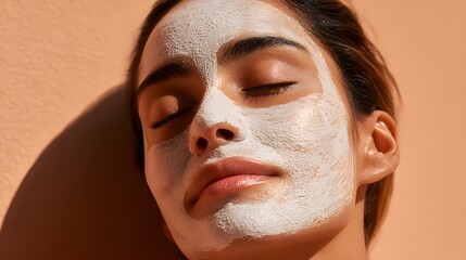 Woman with facial mask enjoying skincare routine in sunlight.