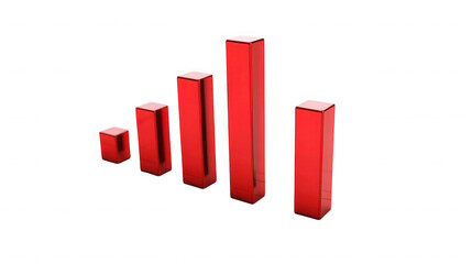 A red bar graph showing increasing values on a black background with shiny reflections present on bars on transparent background
