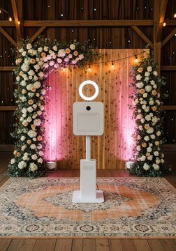 Modern Photo Booth Setup with Floral Arch and Pink Lighting in a Rustic Barn Setting