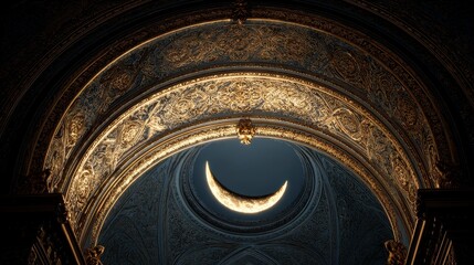 Interior perspective of a gilded, ornate arch framing a crescent moon in a dark blue ceiling, evoking a celestial feel