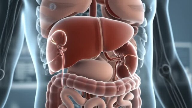 Detailed anatomical illustration of human digestive system inside torso