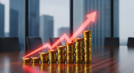 Stacks of gold coins with rising red arrow graph on wooden table in modern office setting with cityscape
