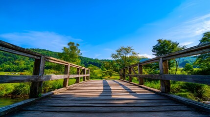 Wooden Bridge Over Tranquil River - A Serene Landscape.